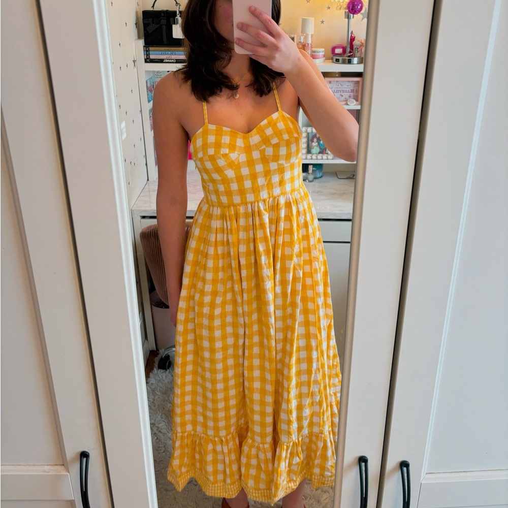 LVFD London Gingham Ruffle Midi Dress Womens Small Yellow Check Sleeveless